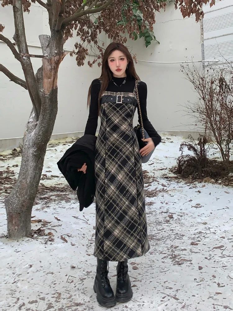 2024 Autumn Elegant Plaid  2 Piece Dress Set Women Outwear Casual Black Blouse + Vintage Slim Strap Dress Korean Fashion Suit