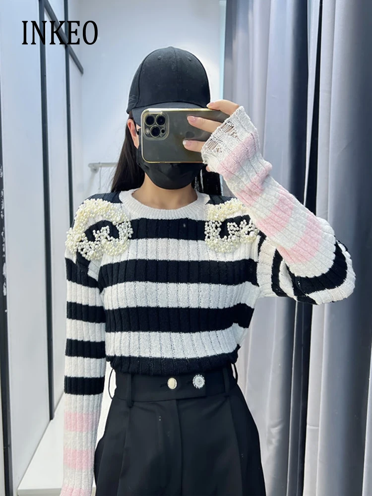 

Fashion Women's Pearl beading sweater 2023 Autumn winter O-neck Long sleeve stripe pullovers knitwears Slim Elegant INKEO 3T127