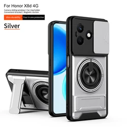 Armor Shockproof Phone Case with Sliding Camera Cover and Built - in Magnetic Ring Kickstand for Honor X8d (SJZJ silver)