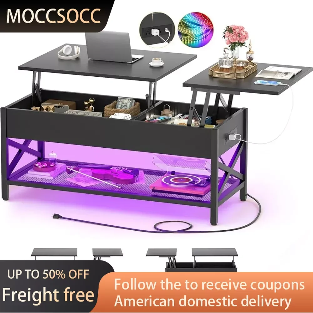 

Black Lift-Top Coffee Table With LED Light Power Outlets and Storage Shelf 41.7"W X 19.69"L X 19.7"H Freight Free Furniture Side
