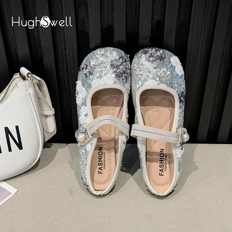 Fancy Flower Sequins Design Ballet Slides Woman Round Toe Casual Flat Mules Ladies Elegant Bling Glitter Party Shoes Plus Size