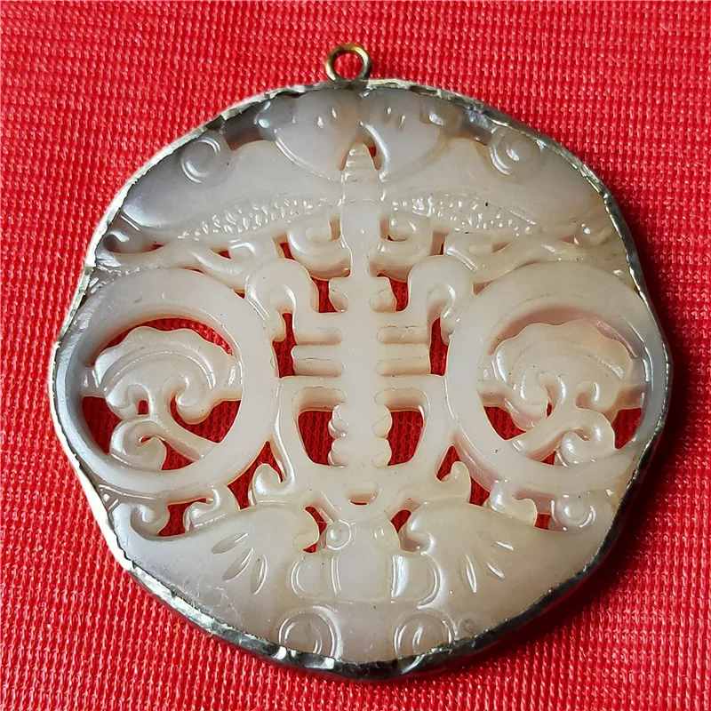 Handicraft old silver bag jade hollow auspicious knot white jade brand patina