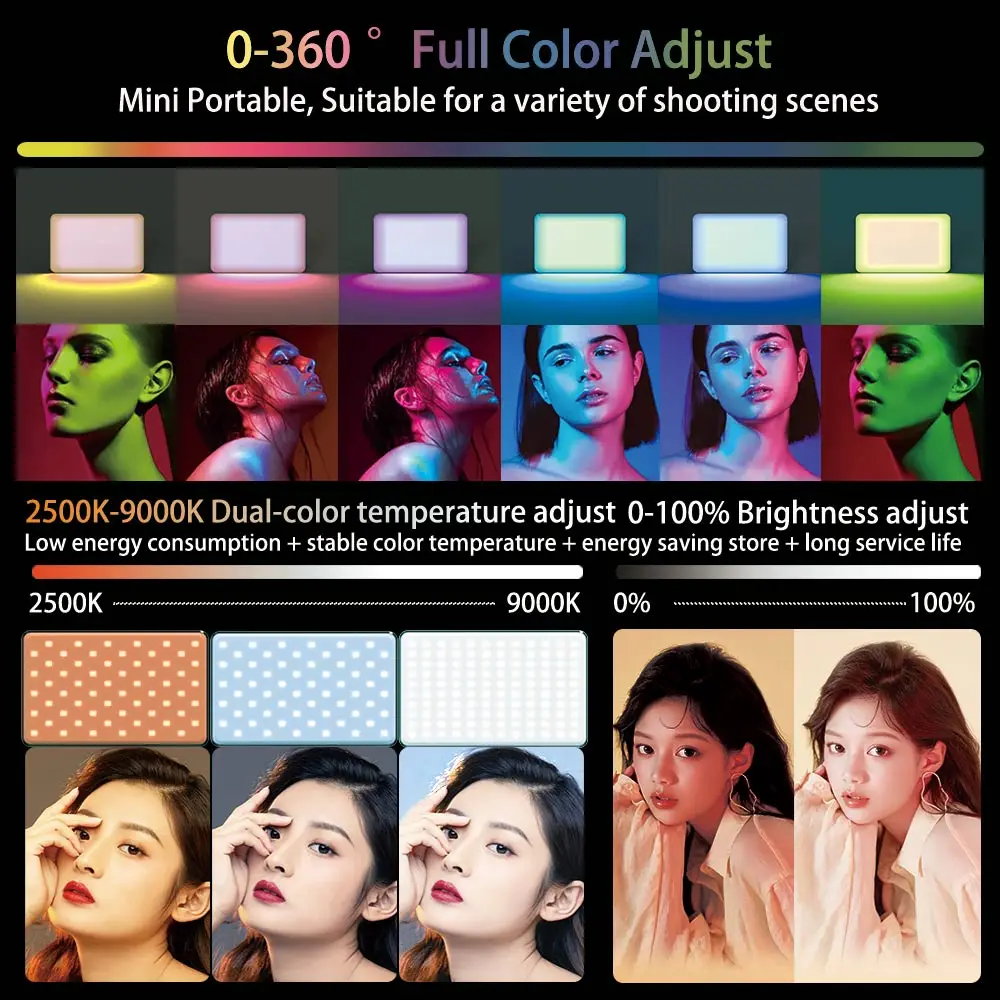 LED Photography Light Camera Light Phone Clip 6 Kind Of Color Card Soft Light Cover Rechargeable 2500K-9000K Bi-Color Panel