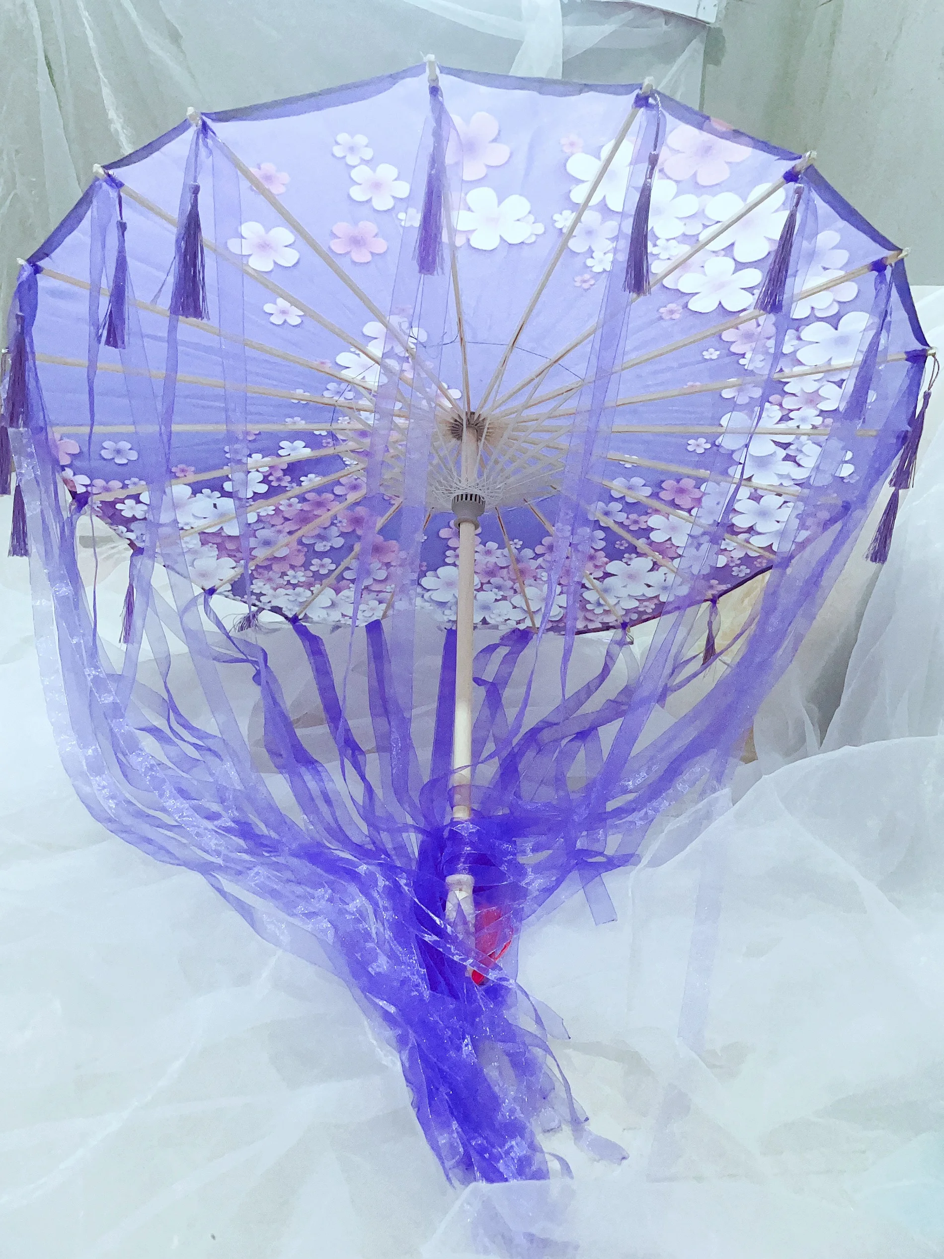 Purple Hanfu Oiled Paper Umbrella with Antique Tassels and Ribbons