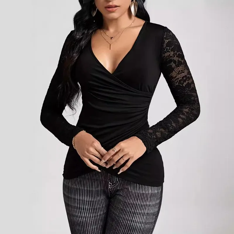 Elegant Lace Splicing Long-sleeved Women's Shirt Spring and Autumn Fashion New V-neck Pullover Casual Solid Color Slim Blouse