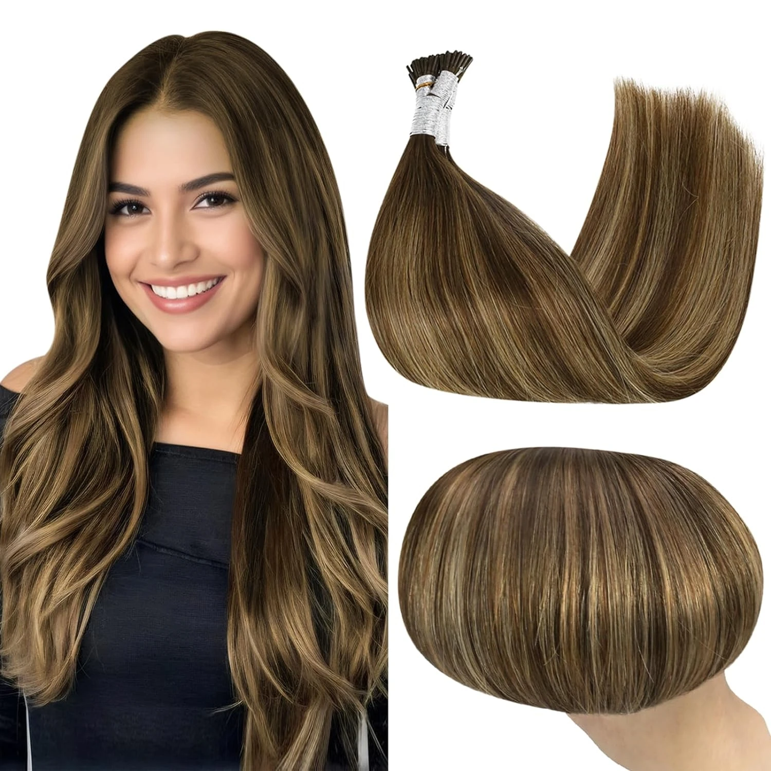 Full Shine Straight I Tip Hair Natural Real Human Fusion Hair Extensions 100 Strands Stick Tip Soft Extensions For Party