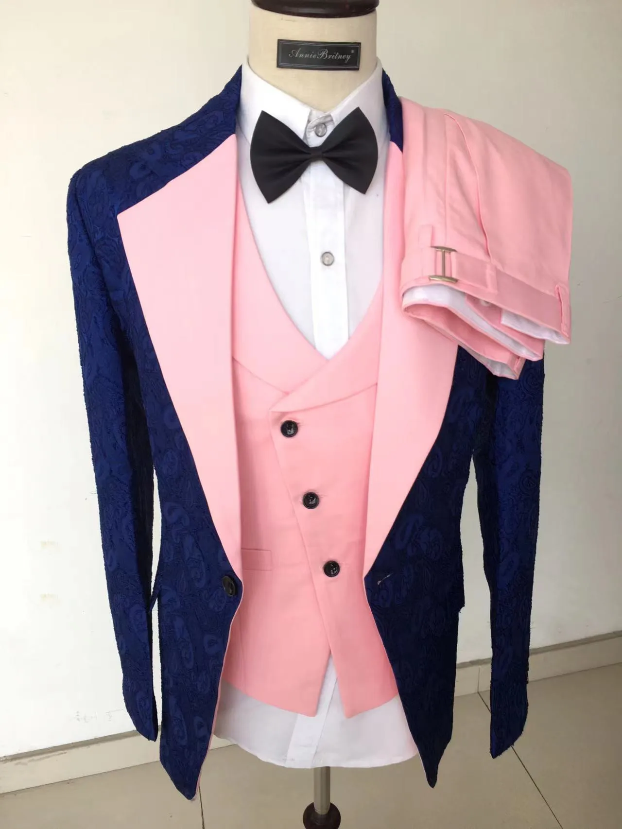 Professional high-end jacquard blue with gray wedding suits men formal groom slim fit 3 piece fashion classic busine