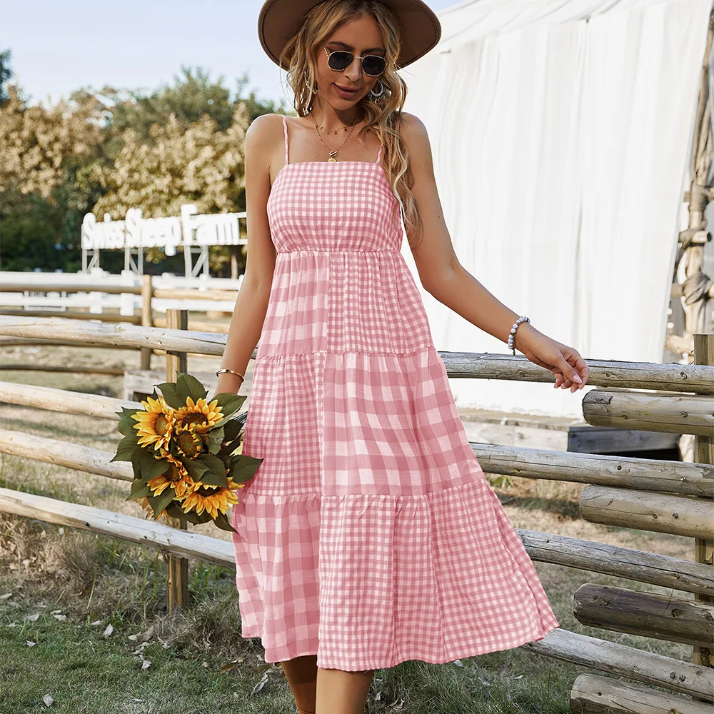 

Summer Plaid Print Beach Dress for Women Square Collar Spaghetti Strap Bandeau Midi Dress Sexy Backless Bohemian Dresses 2022