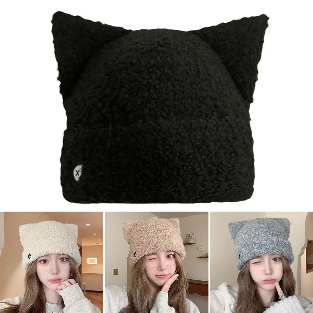 New Y2k Cat Ear Beanies Warm Ear Protection Plush Knitted Hat Soft Love Embroidered Warm Hat Autumn and Winter 5