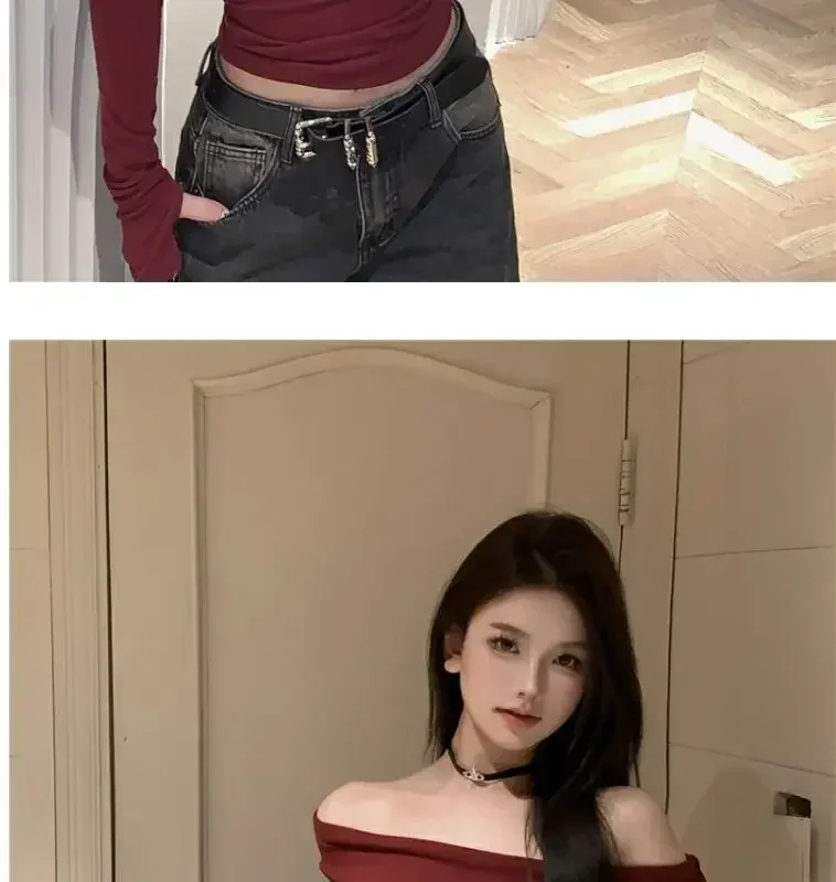 Camisetas de manga larga con cuello oblicuo para mujer, camisetas vintage sexys ajustadas, ropa de calle Y2k, camisetas para mujer, ropa nueva de primavera y verano