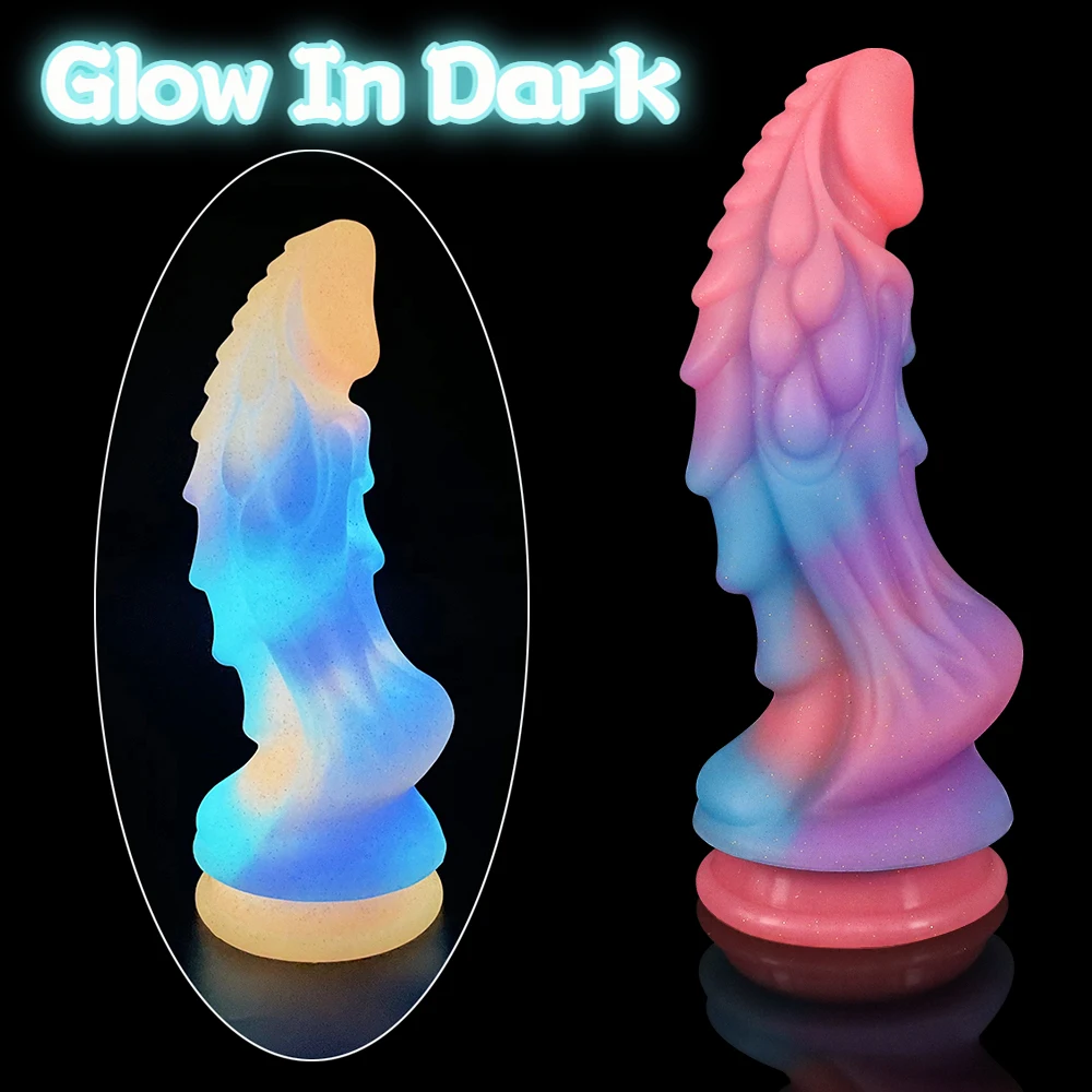 

New Luminous Dildos Colourful Glowing Huge Penis Anal Butt Plug G-spot Toys Shaped Dragon Monster Dildo with Suction Cup Women