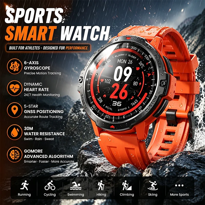 Orologio sportivo intelligente Posizionamento GNSS Monitoraggio dinamico della frequenza cardiaca Monitoraggio dello stress e del sonno Oltre 100 modalità sportive Orologio intelligente da uomo
