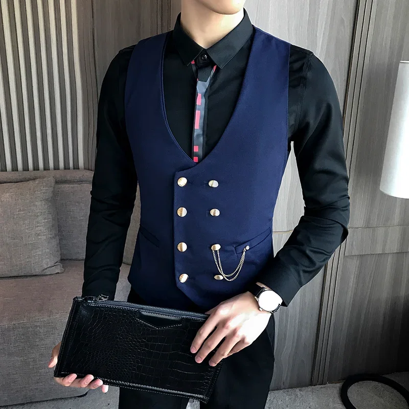 Men's Double Breasted Vest Spring 2024 New Slim Sleeveless Formal Suit Vest Gray Black Fashion Men's Business Casual Suit Vest