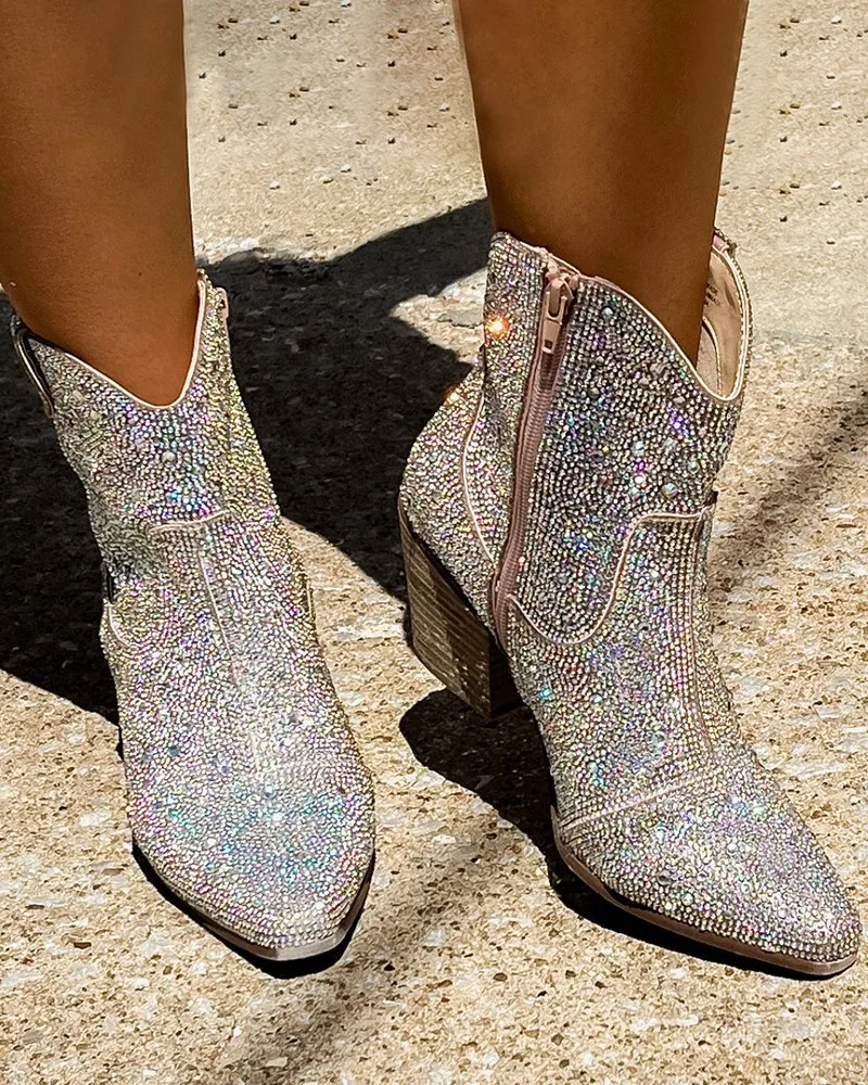 

2023 New Sexy Shine Ankle Boots Fashion Diamond Pointed Toe Chelsea Boots Women's Western Cowboy Boots