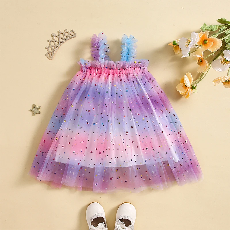 

Listenwind Little Girl Cami Mesh Dress Sleeveless Star Sequin Gradient Color Frill Trim Tutu Dress for Infant Toddler Baby Girls