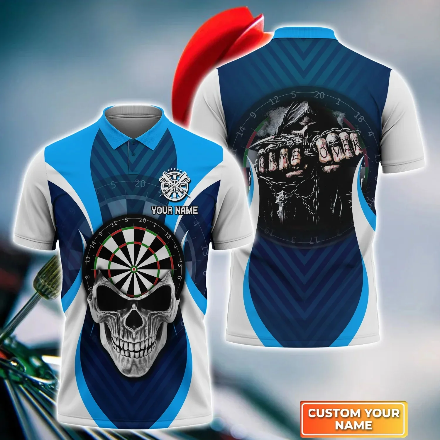 Dartscheibe Totenkopf personalisierter Name 3D-gedrucktes Sommer-Poloshirt Unisex Casual Kurzarmhemden Geschenk für Dartspieler POL-48 – Detail 10