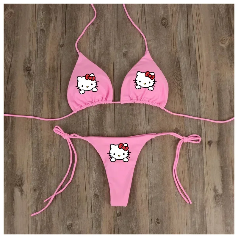 Kawaii Swimsuit Women Two Piece Hellokitty Print Bikini Set Cute Girl Sexy Adjustable Underwear Bra Thong Girls Beachwear Summer