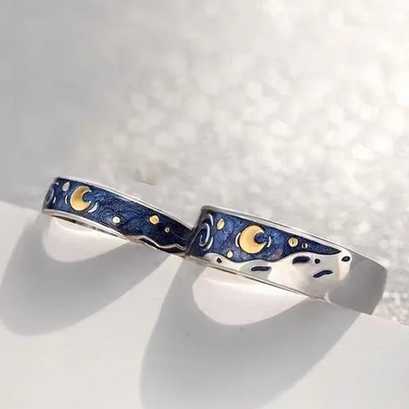 

2PCS Fashion Romantic Couple Rings Blue Enamel Starry Night Sky Creative Lover Women Men Wedding Engagement Jewelry Accessories