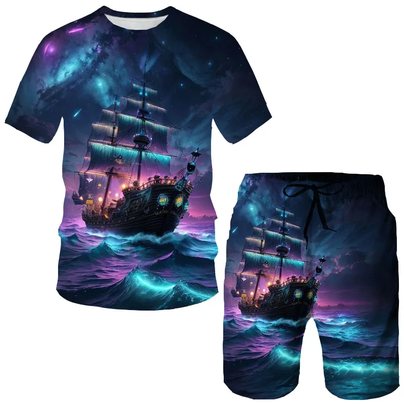 Summer Pirate ship 3D Print T-Shirts Shorts Sets Men's Tracksuits Oversized Short Sleeve T Shirt Pants Set Man Suits Clothing 2