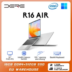 DERE R16 Air Laptop 16-inch IPS Full HD Intel Celeron N4500 12GB + 512GB SSD Gaming Office Learning Laptop Windows 11 Notebook