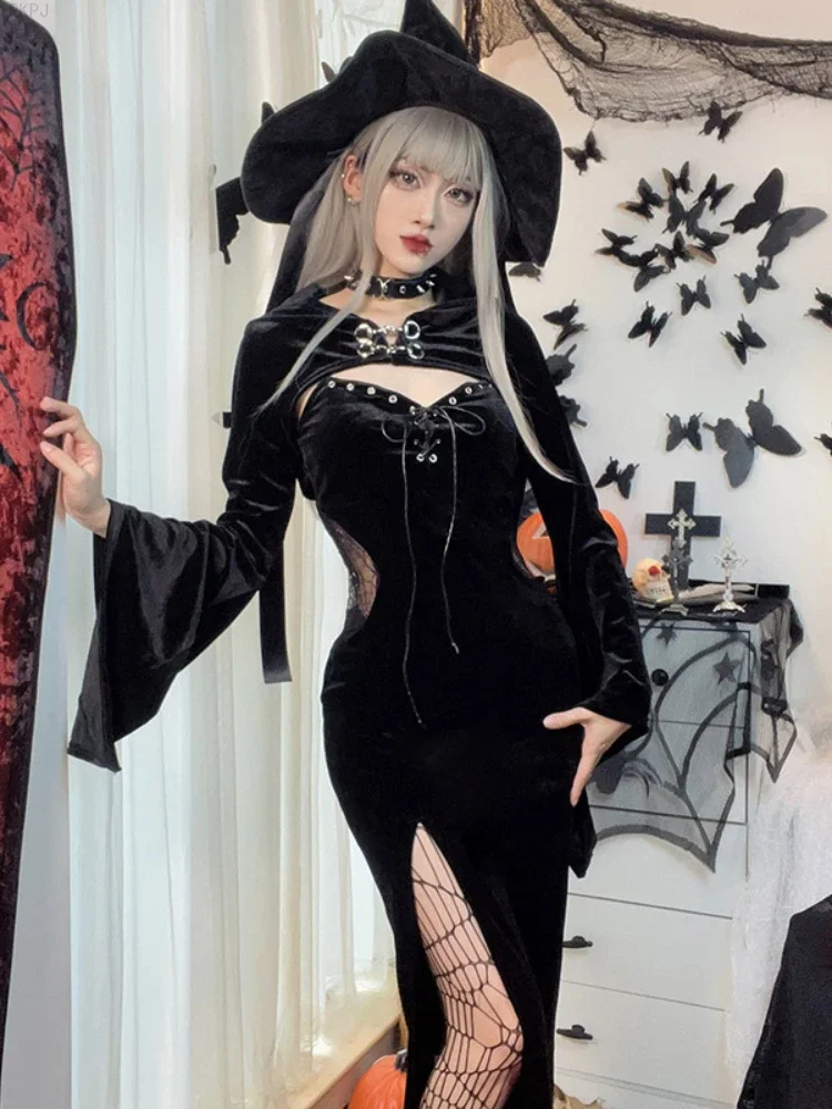 Black Gothic Y2k Two Piece Set Women Designer Elegant Dress Suit Female Winter 2024 Long Sleeve Hooded Shawl + Open Fork Dress