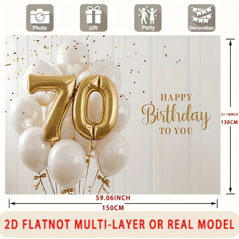 1 Party-Banner „Happy 70th Birthday“ – Hintergrundstoff aus goldfarbenem und weißem Polyester, mit Ballon- und Confel-Design – Detail 6