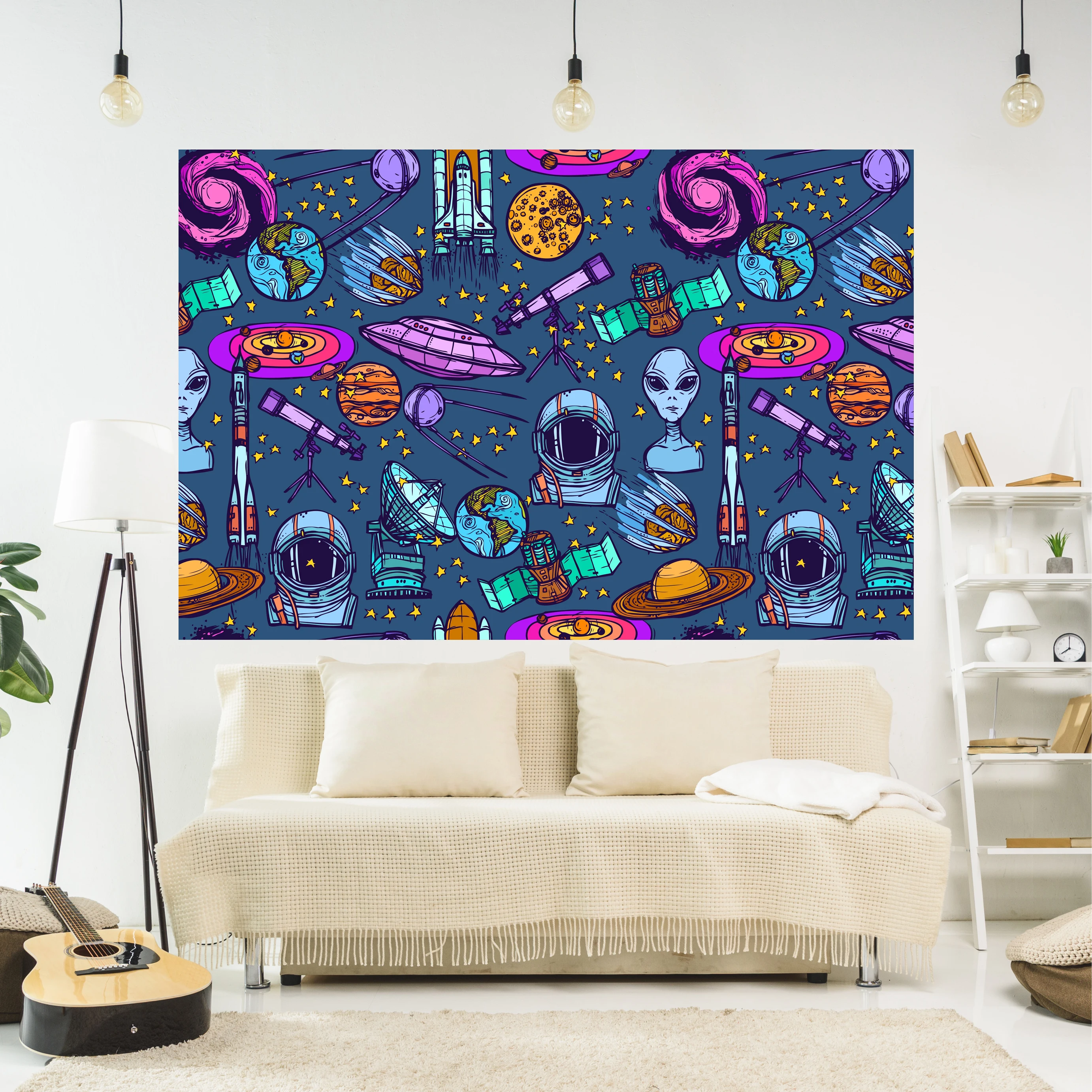 

Cartoon Tapestry Kawaii Universe Space Planet Printed Wall Hanging Carpets Bedroom Or Home For Decoration