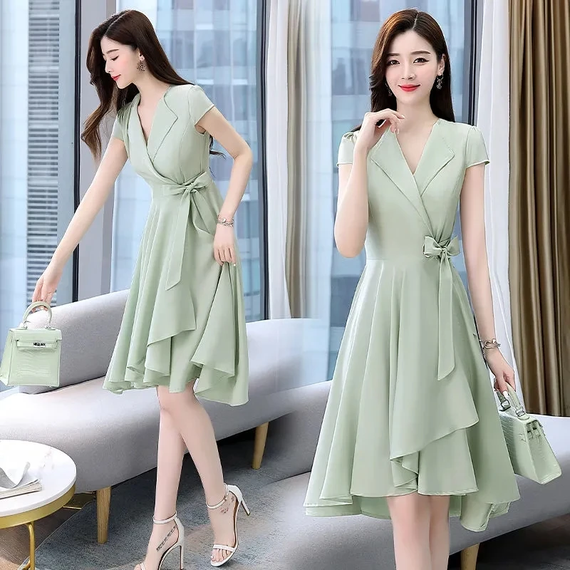 Elegant V-neck A-line Midi Dress Women Summer Korean Fashion Elbise Bandage Short Sleeve Dresses Plus Size 4xl Vestidos De Mujer