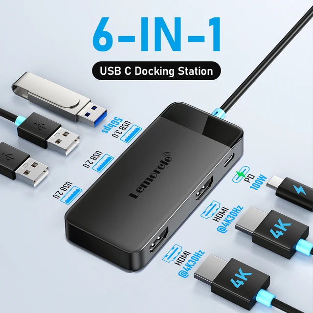 Lemorele TC122 USB C HUB Dual HDMI 4K Docking Station USB 3.0 PD 100W Type C Port for Macbook iPad M2 M1 Steam Deck Laptop