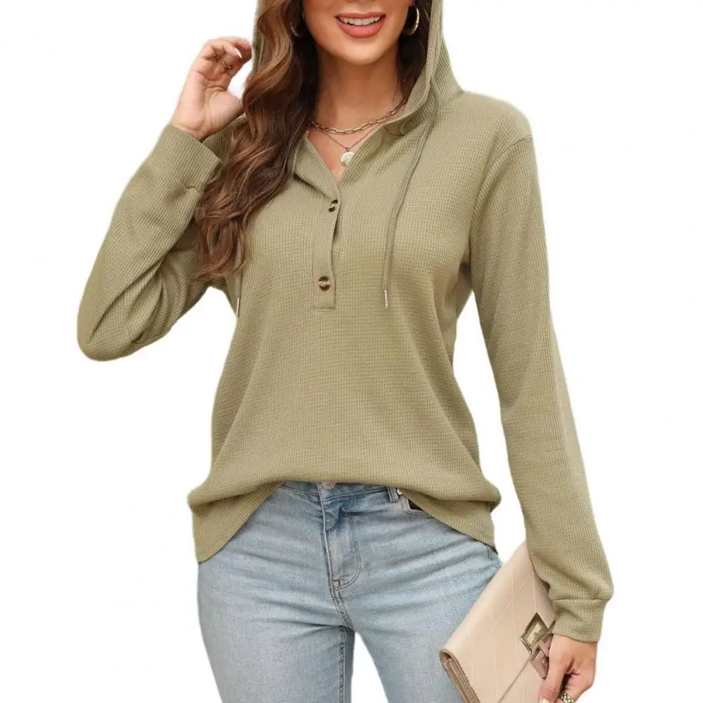 Sudadera con capucha de manga larga para mujer, suéter suave con textura de gofre, decoración de botón con cordón, Color sólido