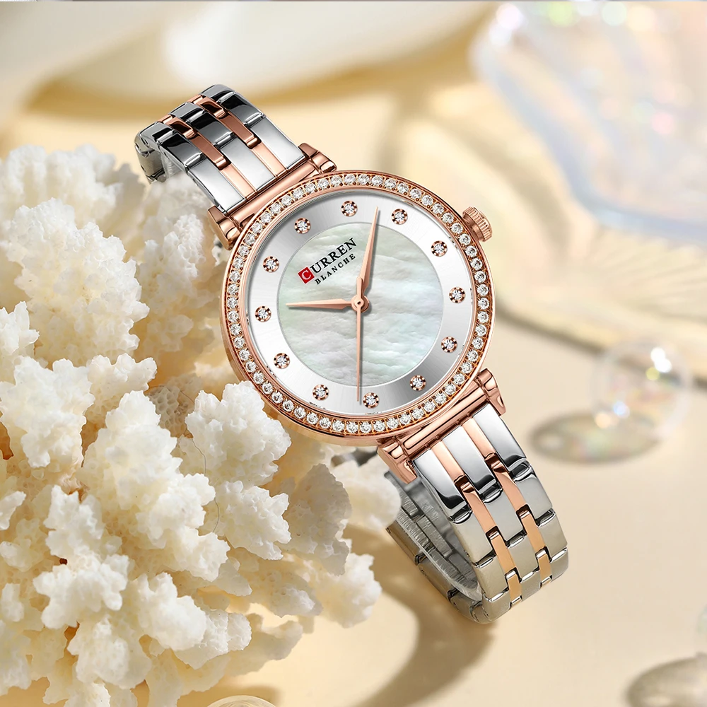 CURREN Luxury Slim Women's Watch Two Tone Stainless Steel Band Mother of Pearl Dial with Rhinestones Elegant Quartz Wristwatch