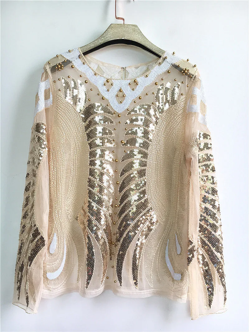 

Осенние футболки с блестками и бусинами, женская прозрачная Сетчатая футболка с вырезами, женские сексуальные топы с длинным рукавом, трендовые Топы