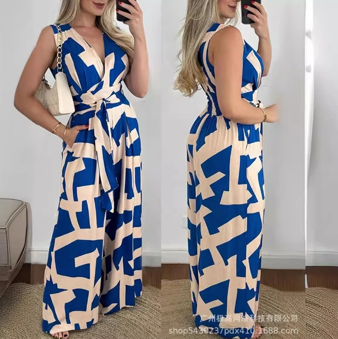 Women's Elegant Jumpsuit 2024 Spring Summer Latest Casual Sleeveless Printed Loose Fitting Romper Tempera Commanding Bodysuit