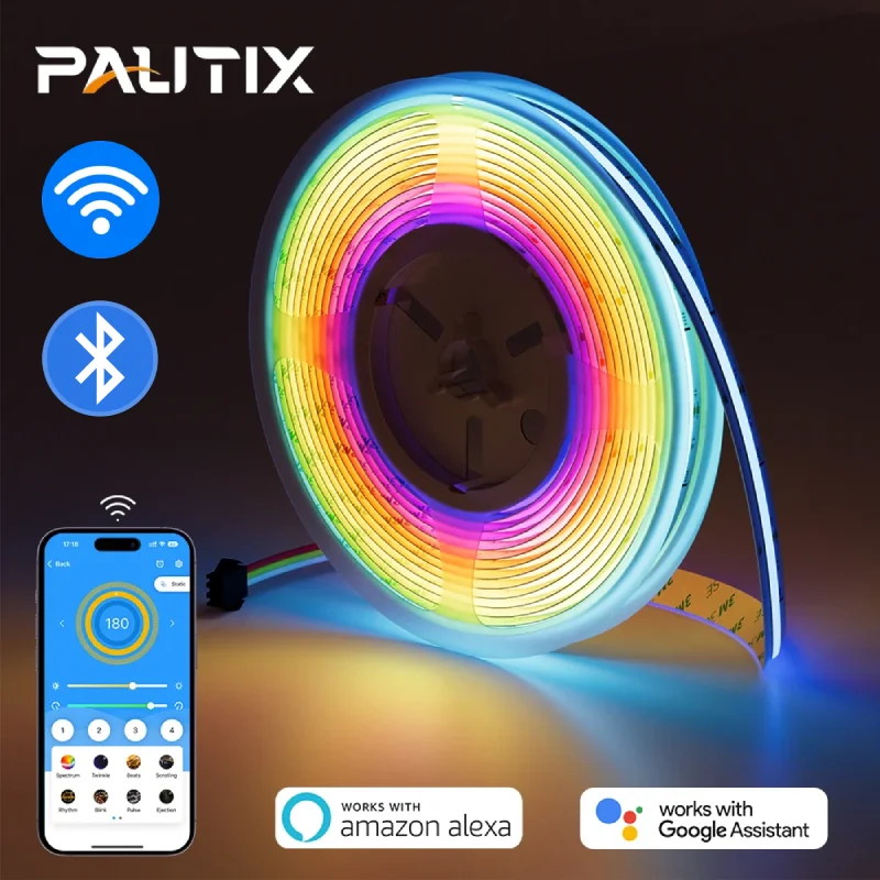 

PAUTIX 12V/24V COB RGBIC Pixel Addressable LED Strip Light Kit Smart Wifi Bluetooth App Control Work With Alexa/Google Home