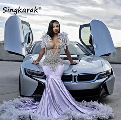 Sparkly Diamonds Lavender Prom Dress Velvet Beads Crystals Rhienstones Feathers Wedding Reception Birthday Party Gown