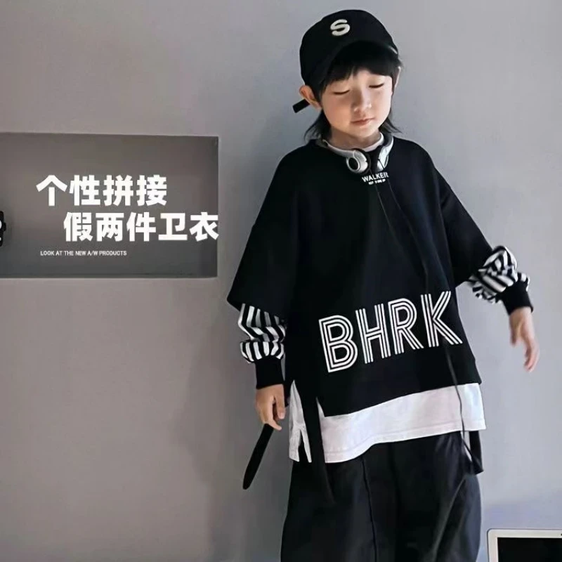 Boys' Spring and Autumn Fake Two Piece Sweater Children's Long Sleeve Cool Loose Casual Stripe Sleeve Splice Top kids sweater kids hoodie sweatshirts