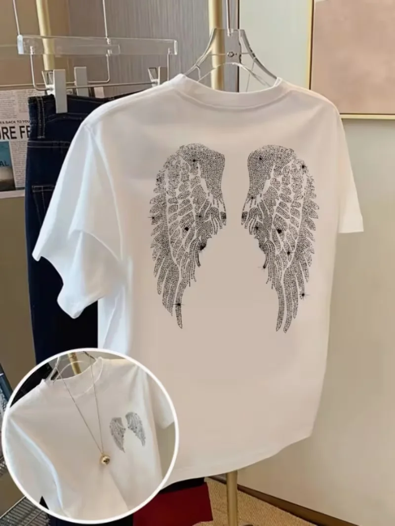 T-Shirt mit Engel-Flügel-Motiv, heißgepresst, vorne und hinten bedruckt, lässiges Unisex-Oberteil mit Rundhalsausschnitt und kurzen Ärmeln, vielseitiges Sommer-Alltagsoberteil