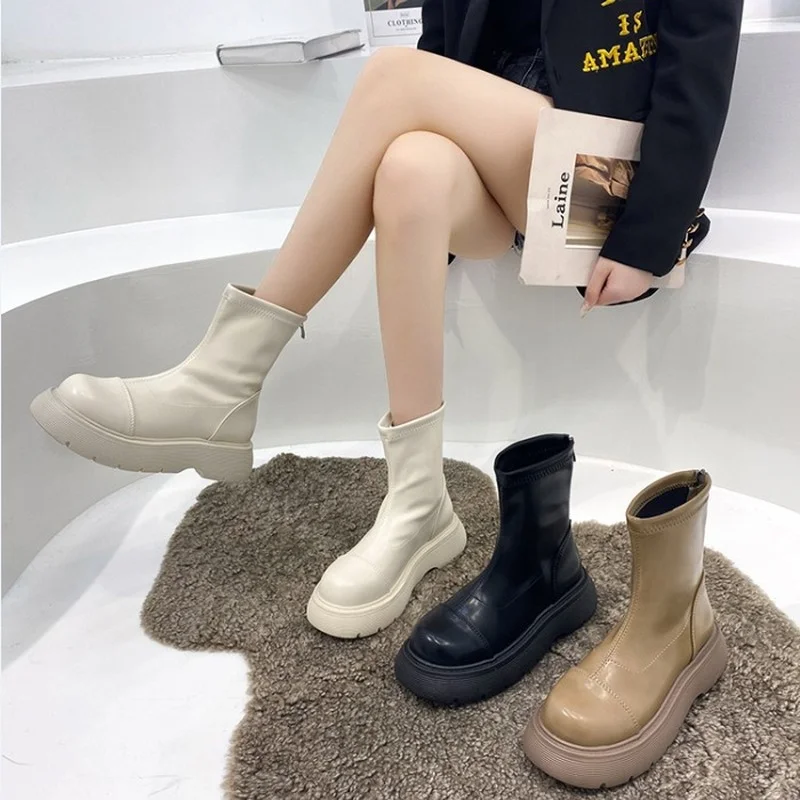 2022 Autumn New Fashion Platform Round Head Women's Casual Boots Square Heel Mid Tube Back Zipper Women's Chelsea Ankle Boots