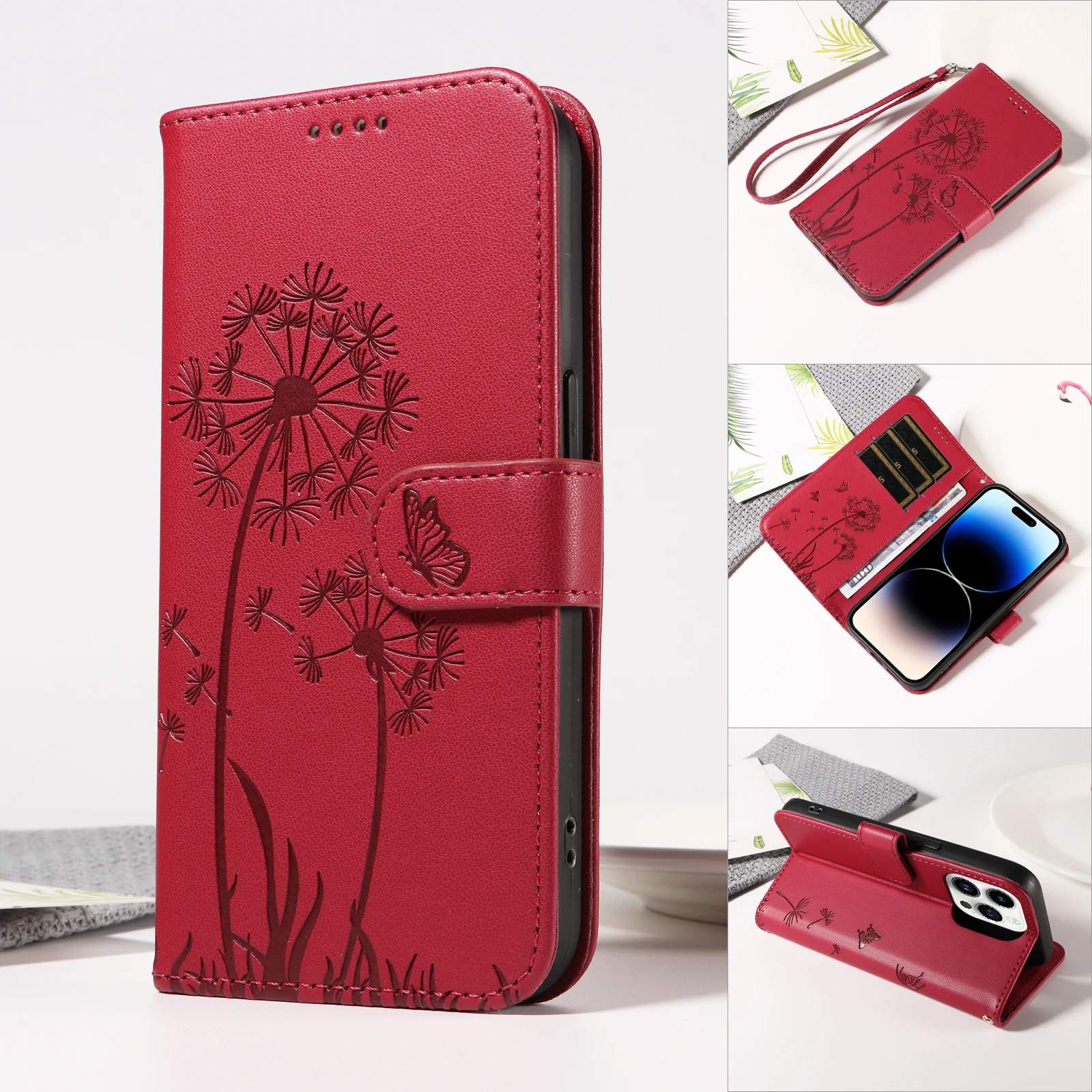 Magnetic Wallet Flip Leather Case with Cat and Butterfly Embossed Design