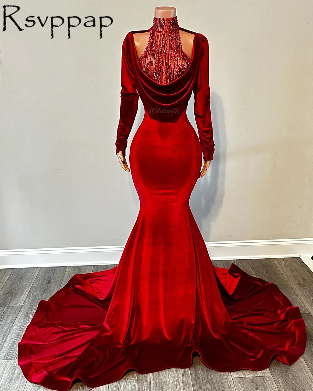 Real Picture Long Sleeves Red Mermaid 