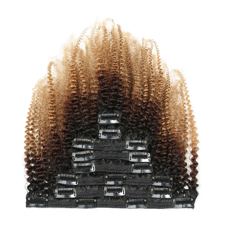 20Inch Afro Kinky Curly Clip In Hair Extension Remy Human Hair T1B 4/27 Kinky Curly Human Clip Ins Extension 120G Full Head