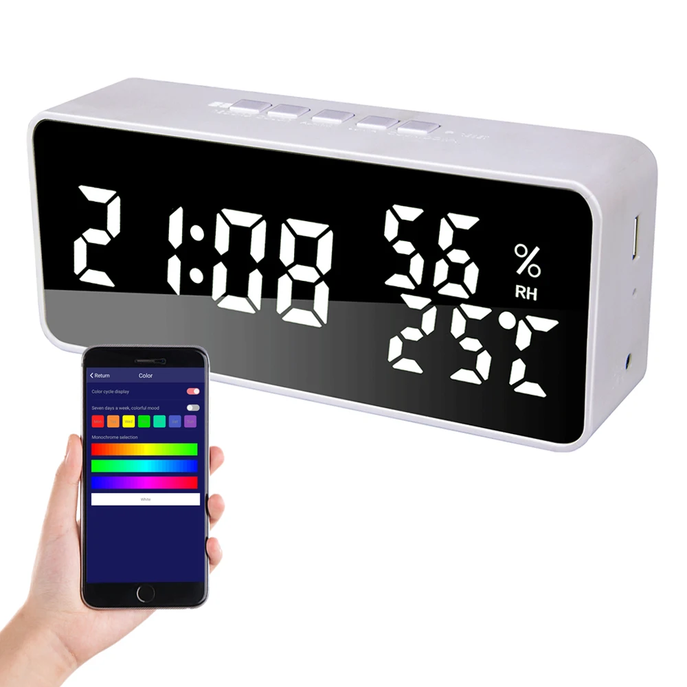 

Alarm Clock LED Display with Snooze Coundown 12/24H Mode Date Temperature Humidity Display Automatic Brightness Adjustable