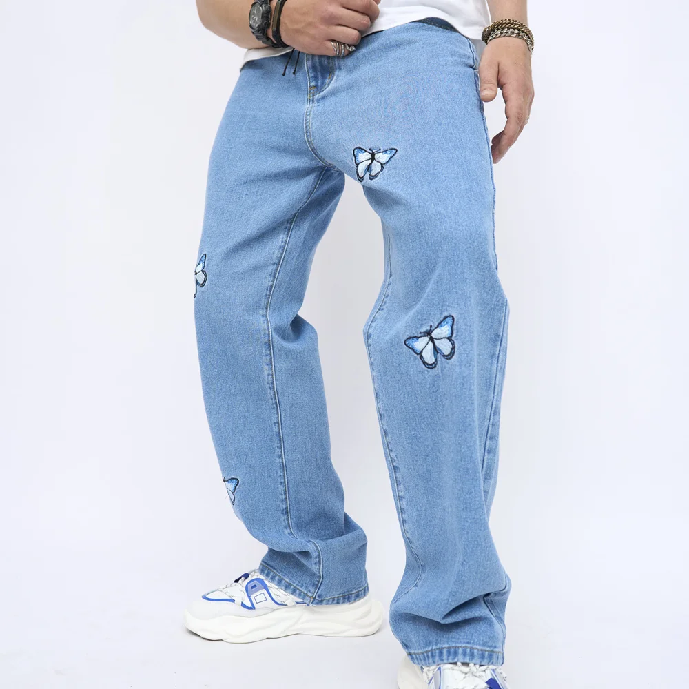 

2024 New Men Butterfly Embroidery Stylish Loose Straight Jeans Pants Male Cotton Casual Denim Trousers