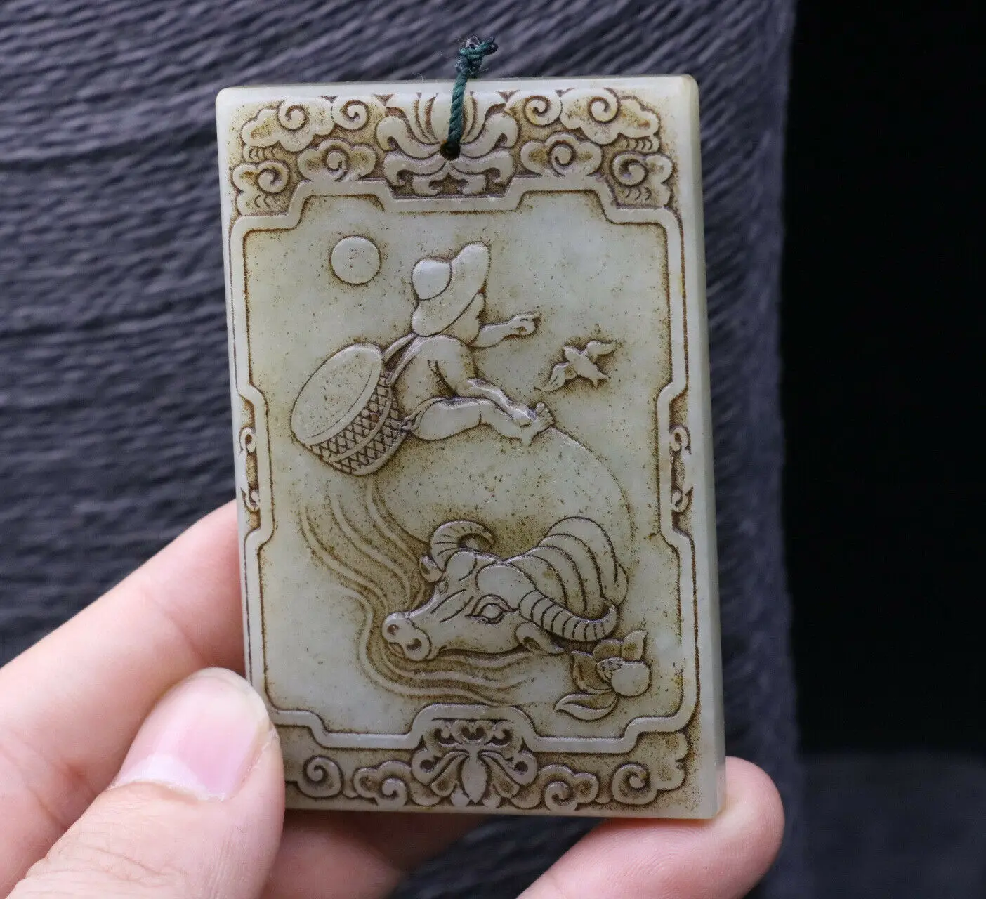 

Big Treasure Certificated Chinese Vintage Hetian Old Jade Shepherd Boy Riding Buffalo Zigang PEI Carving A Timestown 20201126A