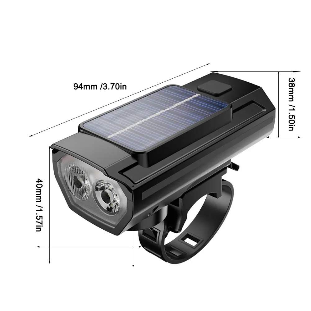 USB 충전 태양광 자전거 헤드램프, MTB 로드 바이크 프론트 램프, 자전거 핸들 바 손전등, 야간 라이딩용 경적 포함, 1200mAh