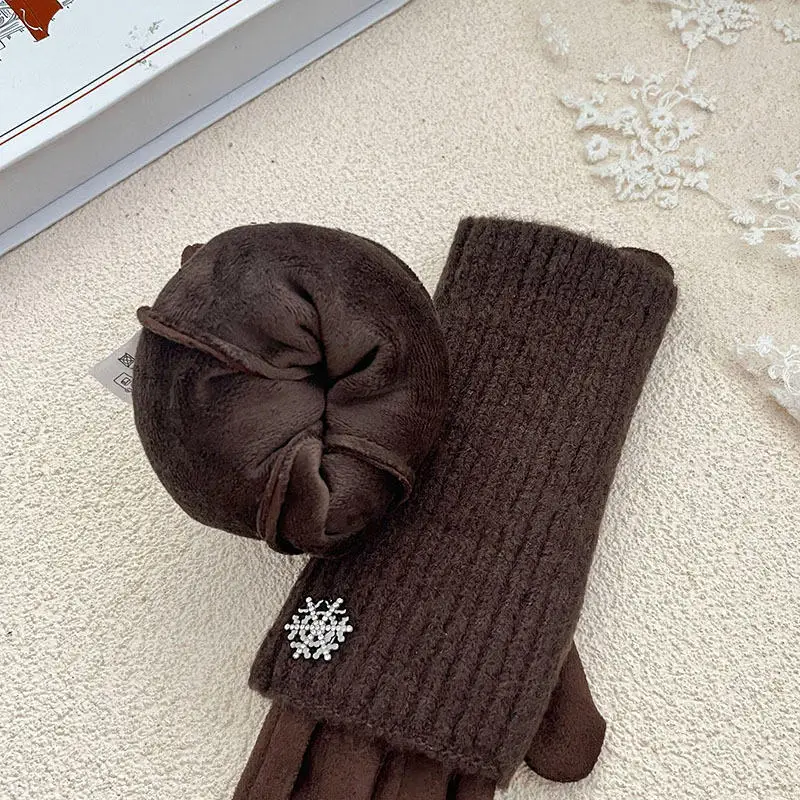 Women's Snowflake Knit Warm Gloves Stylish Thickened Wool Student Cycling Touchscreen Split-Finger Thermal Gloves