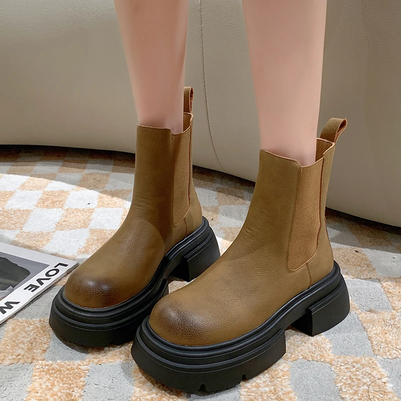 

Женские ботильоны на платформе, короткие ботинки на толстой подошве без застежек, элегантные современные ботинки, Осень-зима 2023