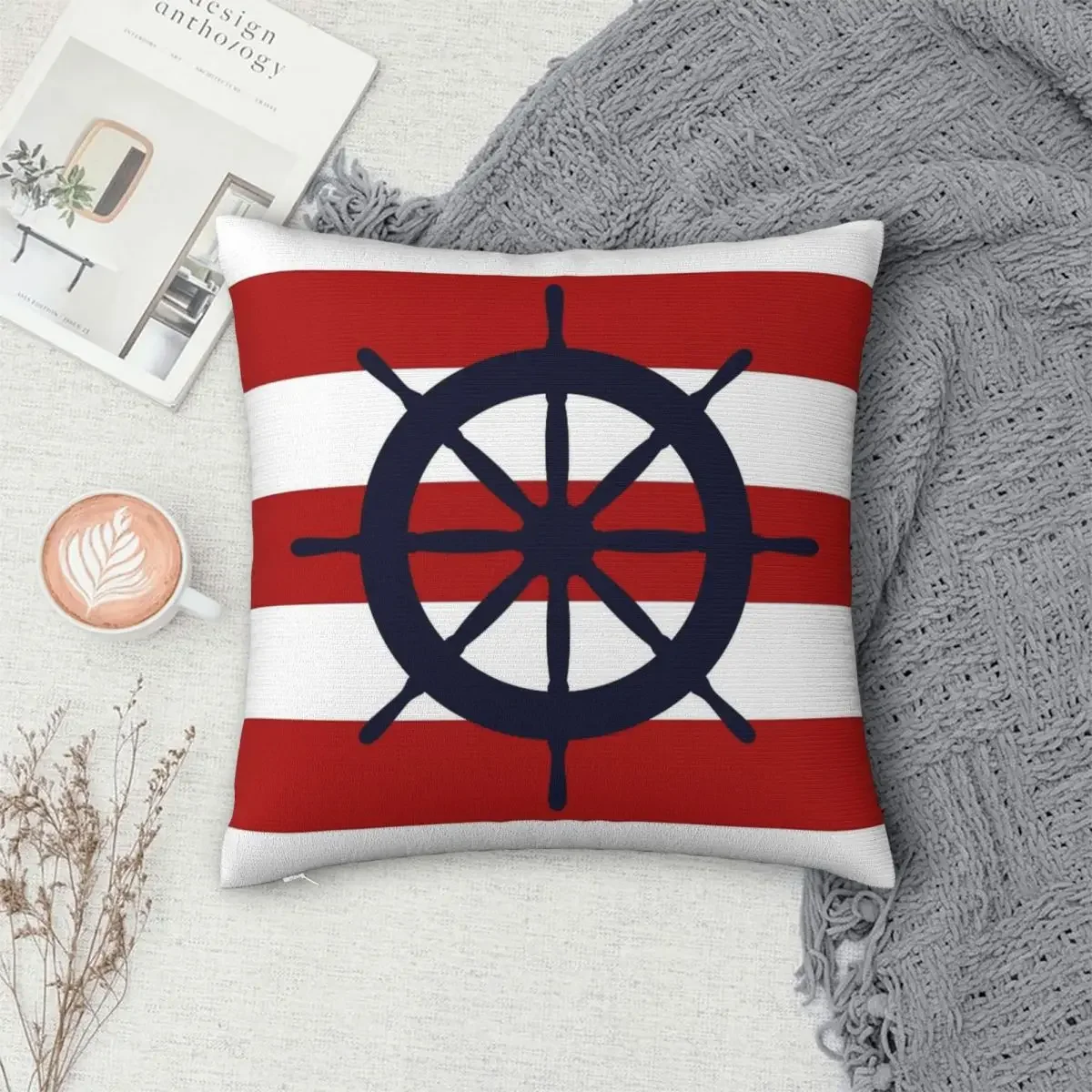 

Nautical Navy Blue Ship's Steering Wheel On Red Stripes Pillowcase Cushion Comfort Throw Pillow Sofa Decorative Cushions Used