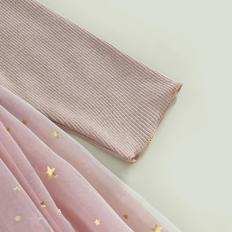 Girls Sequins Stars Moon Pattern Layered Tulle Tutu Dress Crew Neck Long Sleeve Autumn Princess Casual Dress for Toddler Kids
