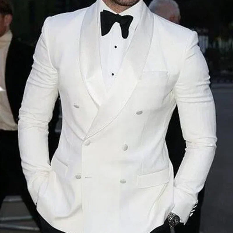 

White Jacket Black Pants Elegant Men Suits Double Breasted Wedding Groom Tuxedo Slim Fit Blazers High Quality Custom 2 Piece Set